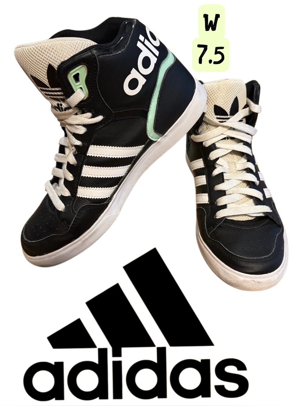 Adidas Women’s High-Top Sneakers - Black with White & Mint Accent Sz 7.5